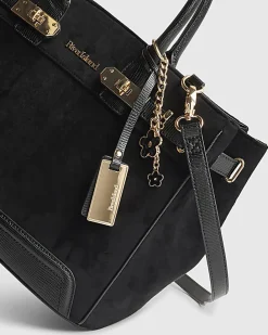 Black Faux Suede Soft Lock Front Tote Bag