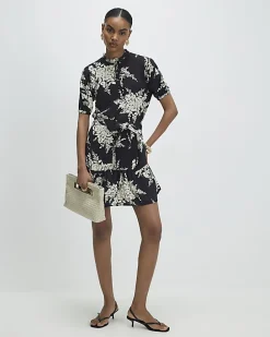 Black Floral Short Sleeve Belted Mini Dress
