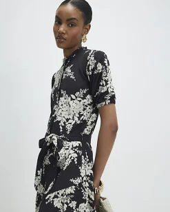 Black Floral Short Sleeve Belted Mini Dress