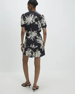 Black Floral Short Sleeve Belted Mini Dress