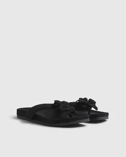 Black Flower Toe Thong Flat Sandals