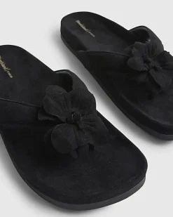 Black Flower Toe Thong Flat Sandals