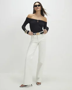 Black Fold Over Long Sleeve Bardot Top