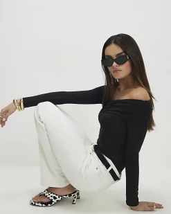 Black Fold Over Long Sleeve Bardot Top