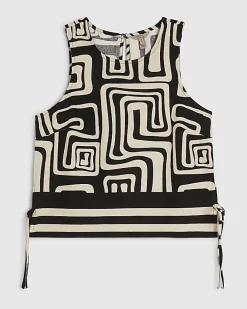 Black Geometric Print Linen Tank Top
