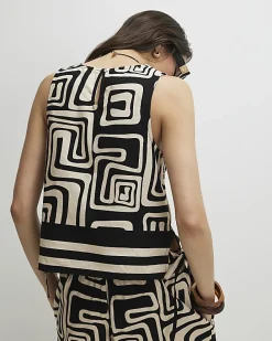 Black Geometric Print Linen Tank Top