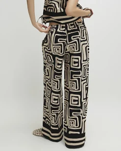 Black Geometric With Linen Wide Leg Trousers