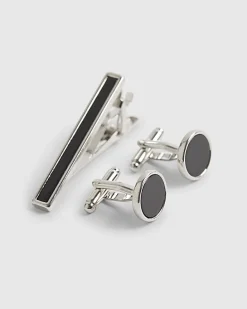 Black Inlay Cufflinks And Tiepin Set