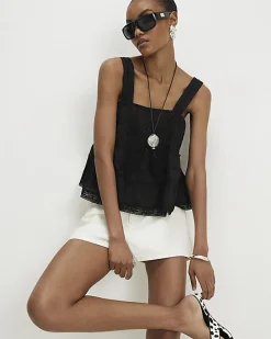 Black Lace Pearl Detail Smock Cami Top