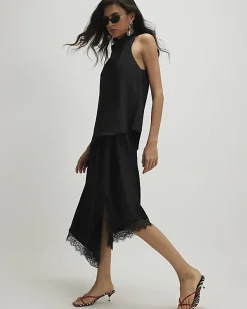 Black Lace Trim Asymmetric Midi Dress
