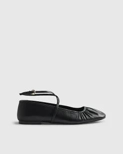 Black Leather Ankle Strap Flat Ballet Pumps
