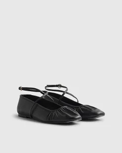 Black Leather Ankle Strap Flat Ballet Pumps
