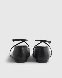 Black Leather Ankle Strap Flat Ballet Pumps