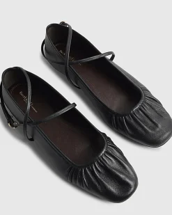 Black Leather Ankle Strap Flat Ballet Pumps