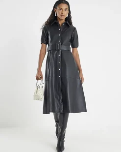 Black Leather Belted Shirt Dress
