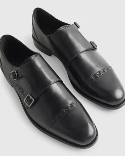 Black Leather Double Buckle Monk Shoes