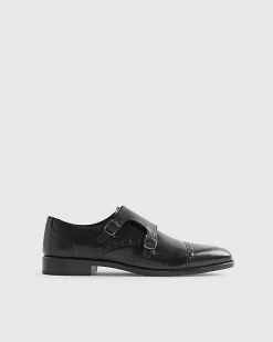 Black Leather Double Buckle Monk Shoes
