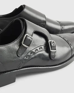 Black Leather Double Buckle Monk Shoes