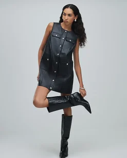 Black Leather Pinafore Mini Dress