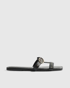 Black Leather T Bar Buckle Sandals