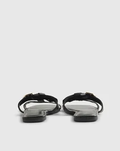 Black Leather T Bar Buckle Sandals