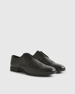 Black Leather Textured Brogue Shoes