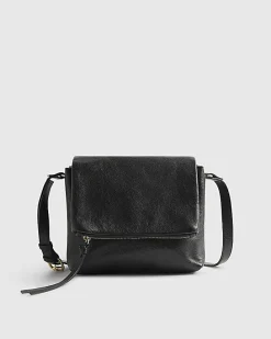 Black Leather Zip Flap Crossbody Bag
