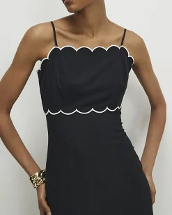 Black Linen Blend Scallop Trim Midi Dress