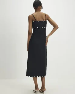 Black Linen Blend Scallop Trim Midi Dress