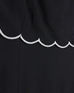 Black Linen Blend Scallop Trim Midi Dress