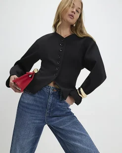 Black Long Balloon Sleeve Button Up Jacket