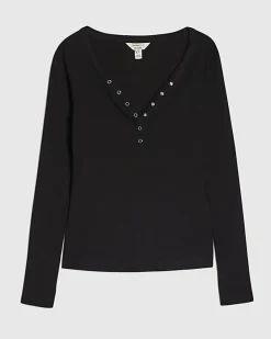 Black Long Sleeve Popper Ribbed Top