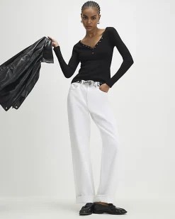 Black Long Sleeve Popper Ribbed Top