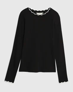 Black Long Sleeve Scallop Trim Top