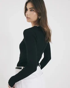 Black Long Sleeve Scallop Trim Top