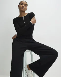 Black Long Sleeve Scallop Trim Button Top