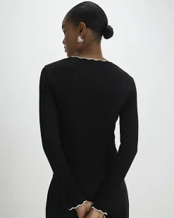 Black Long Sleeve Scallop Trim Button Top
