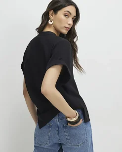 Black Notch Neck Short Sleeve Top