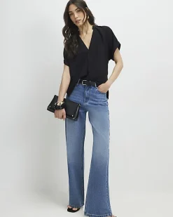 Black Notch Neck Short Sleeve Top