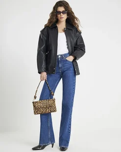 Black Oversize Leather Bomber Jacket