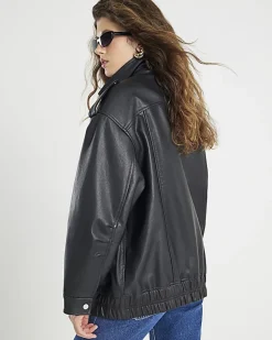 Black Oversize Leather Bomber Jacket
