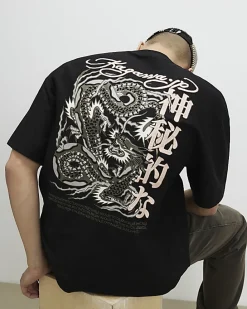 Black Oversized Fit Dragon Graphic T-Shirt