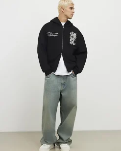 Black Oversized Fit Japanese Snake Zip Hoodie