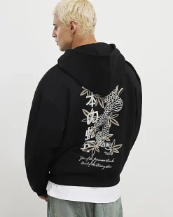 Black Oversized Fit Japanese Snake Zip Hoodie