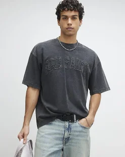 Black Oversized Fit Midweight Print T-Shirt