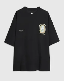 Black Oversized Fit Textured Graphic T-Shirt