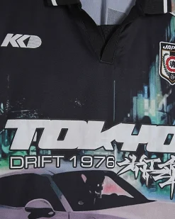 Black Oversized Fit Tokyo Drift Polo Shirt