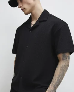 Black Oversized Fit Waffle Textured Shirt