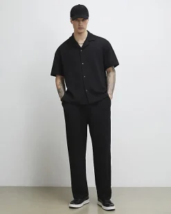 Black Oversized Fit Waffle Textured Shirt