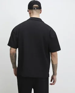 Black Oversized Fit Waffle Textured Shirt